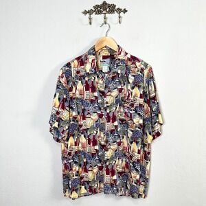 Reyn Spooner Hawaiian Shirt Mens Large Wine Bottles Grapes Rayon Button Up